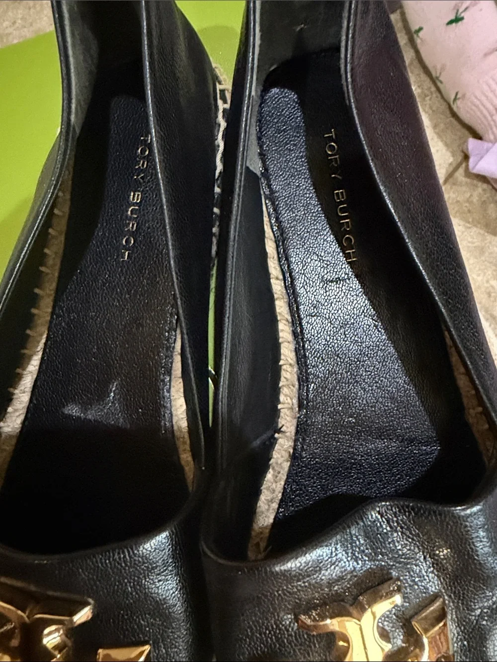 Tory Burch Black Leather Espadrille Flats with Gold Logo Medallions